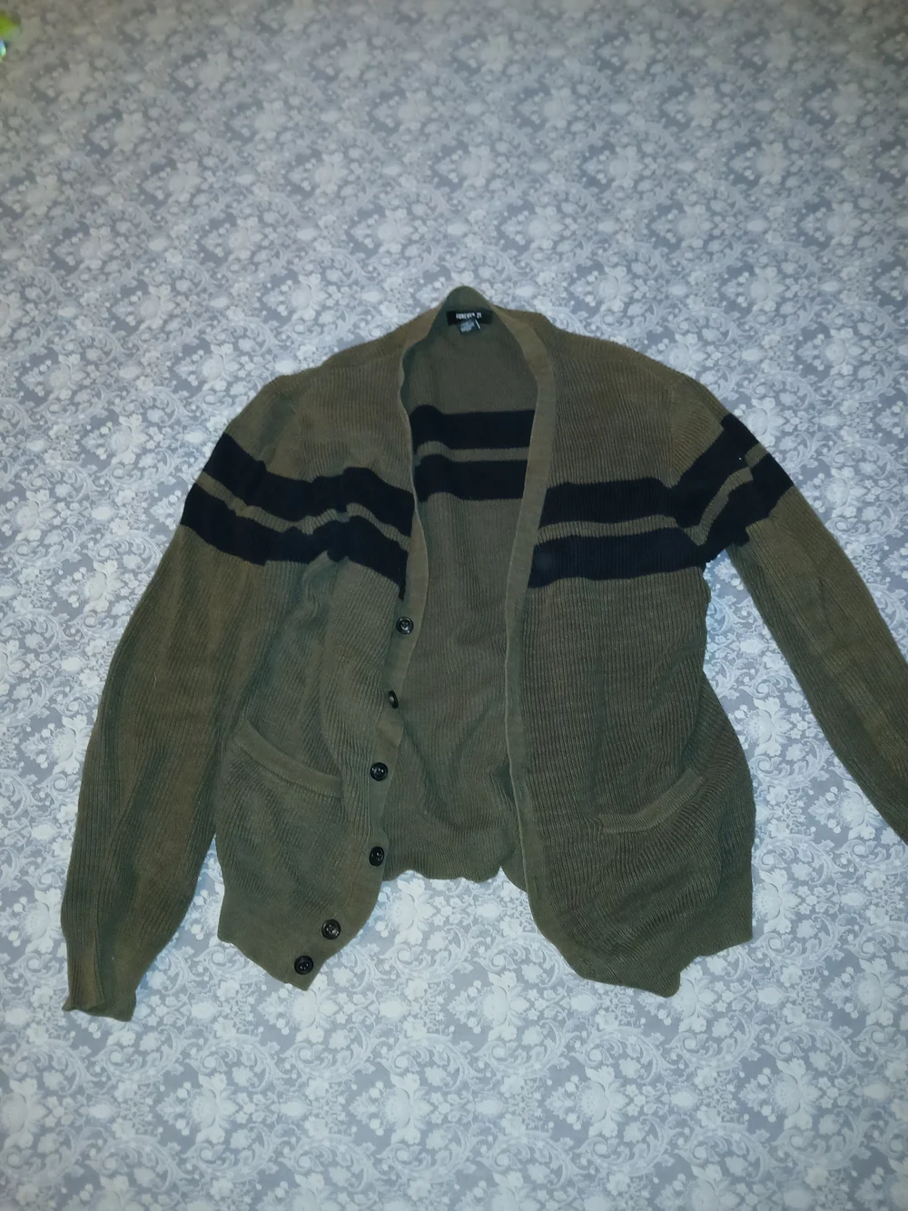 Forever 21 Olive Green and Black Striped Men's Shawl Collar Cardigan